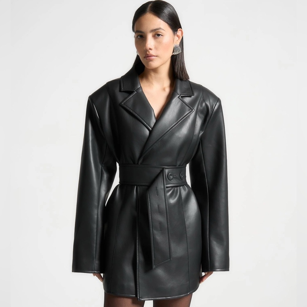 Black Faux Leather Belted Blazer